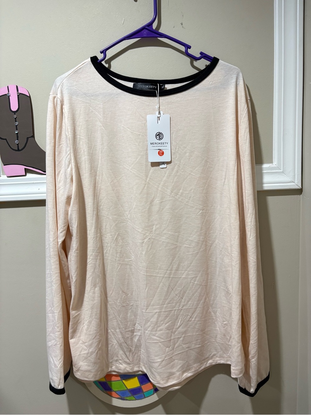 MEROKEETY Pale Blush Long Sleeve Top with Black Trim